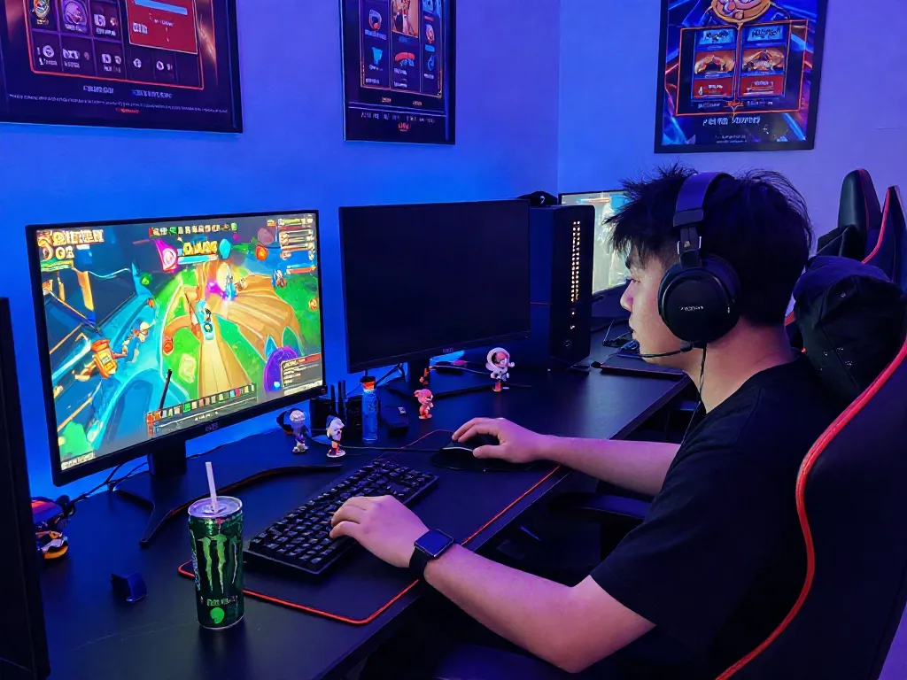 Excited gamer focused on a slot gacor game, vibrant gaming setup and lively atmosphere.