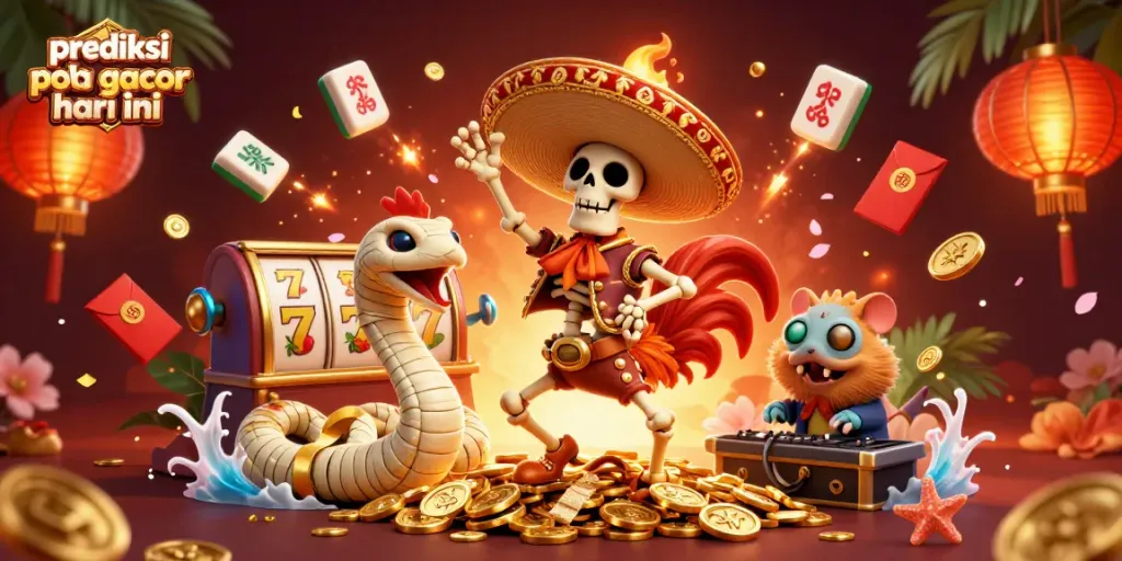 Experience the excitement of prediksi pola slot gacor hari ini with a festive 3D casino scene showcasing vibrant characters.