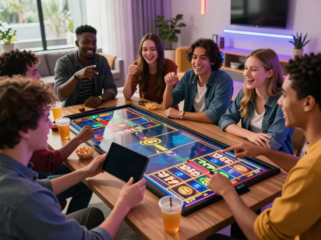 Diverse group of friends enjoying a lively slot online game session in a bright, colorful gaming atmosphere.