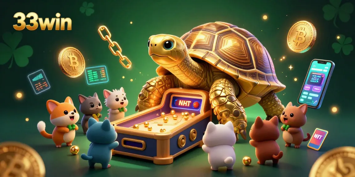 Experience the excitement of 33win with a lively scene featuring a tortoise pinball machine and fun crypto elements.
