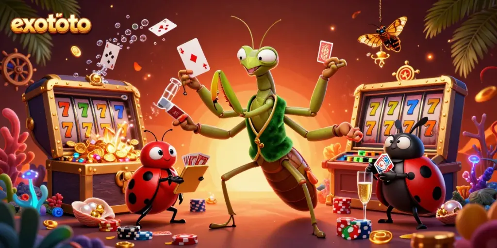 Menangkap keseruan permainan slot di EXOTOTO dengan ilustrasi kasino penuh warna.