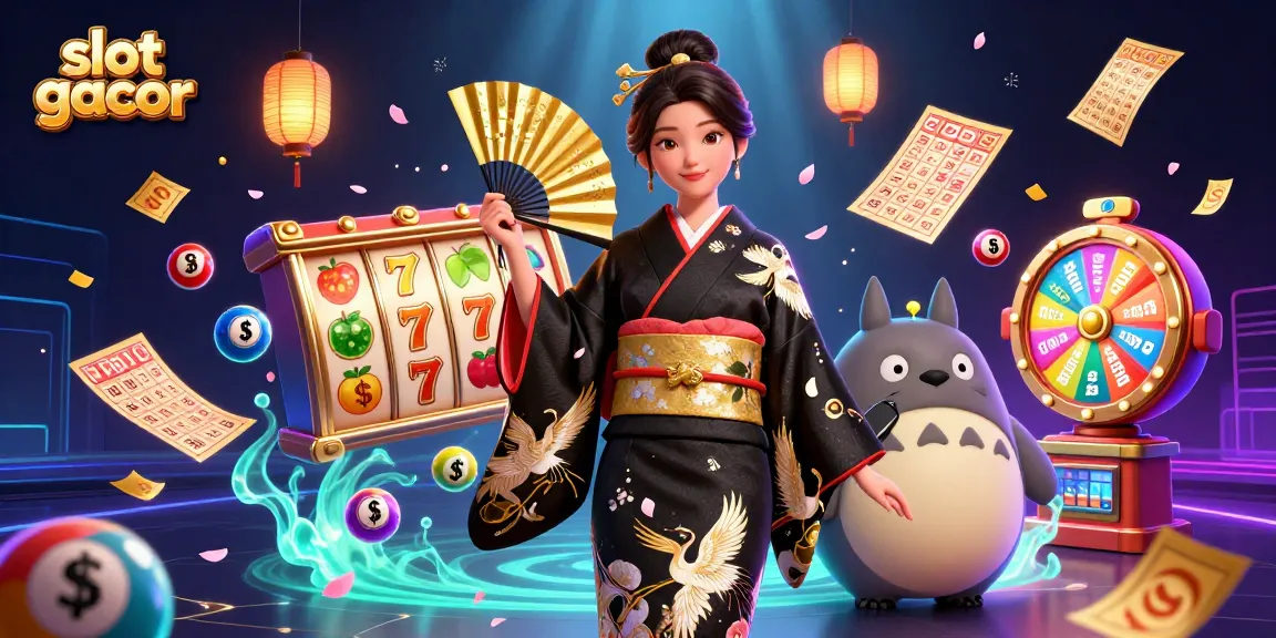 Engage with slot gacor excitement featuring a graceful Asian woman and a wise tanuki surrounded by vivid symbols of luck.