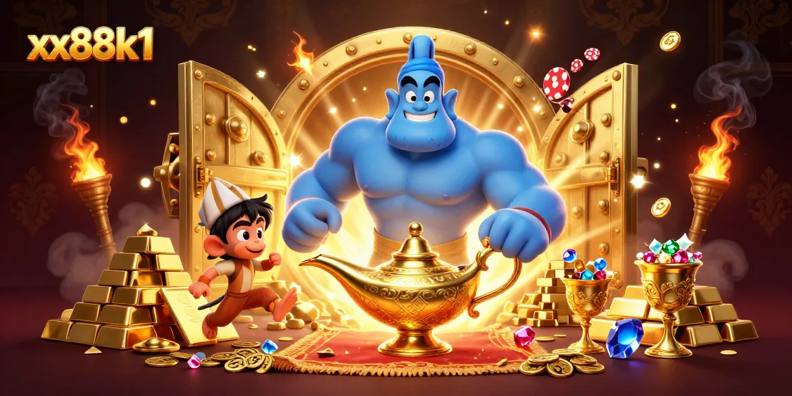 Experience immersive gameplay with xx88k1, depicted through a magical genie scene filled with treasures.
