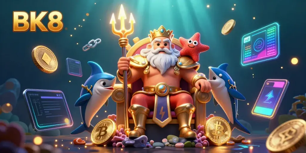 Experience the thrilling world of BK8 with Neptune and crypto elements in a vibrant 3D casino setting.