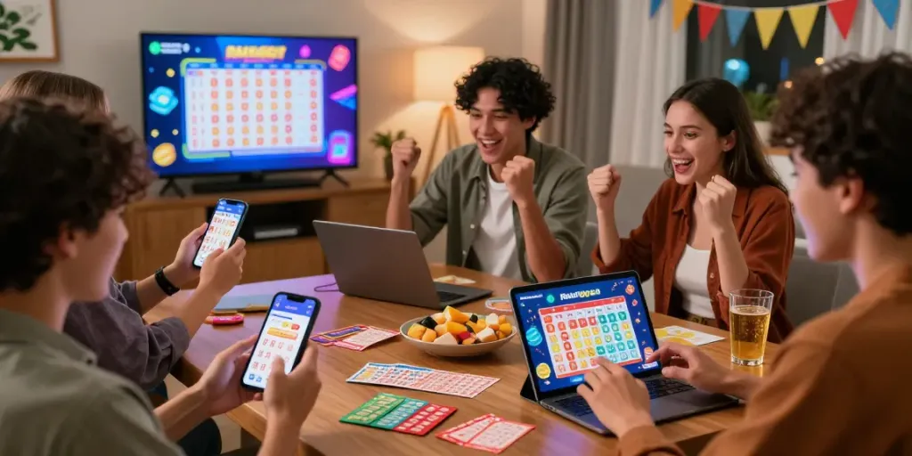 Penggemar ratutogel merayakan kemenangan di ruang tamu yang ceria, dengan smartphone dan tiket lotere yang dikelilingi makanan ringan.
