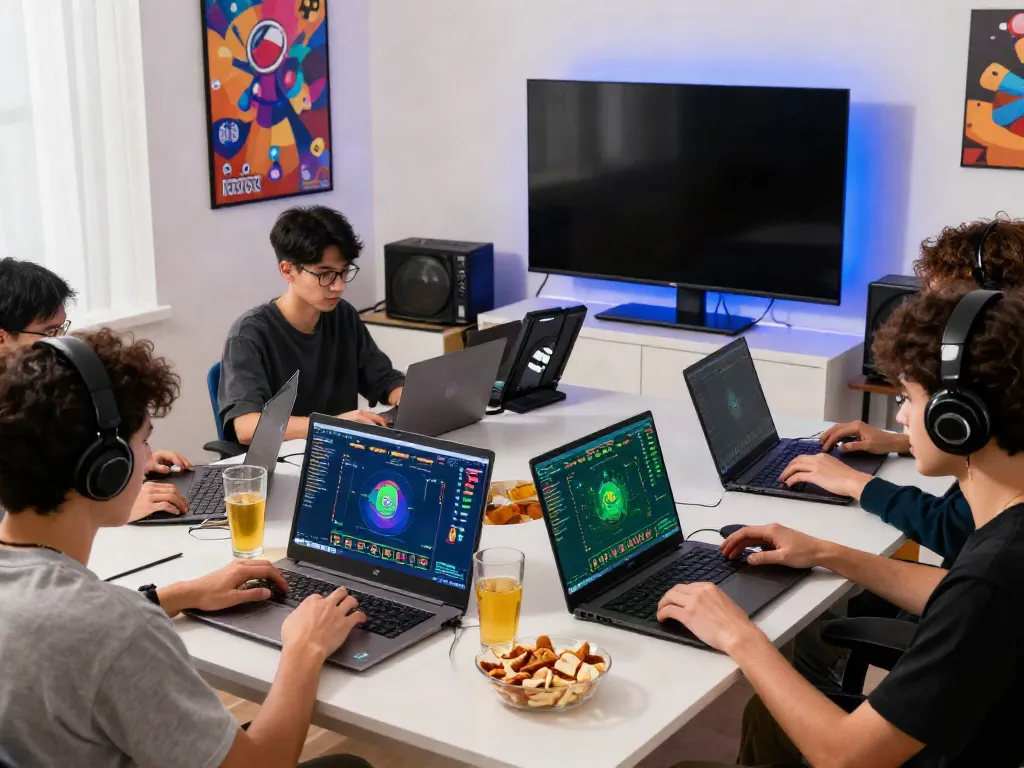 Friends playing unsurtoto online Togel in a vibrant gaming room, showcasing excitement.