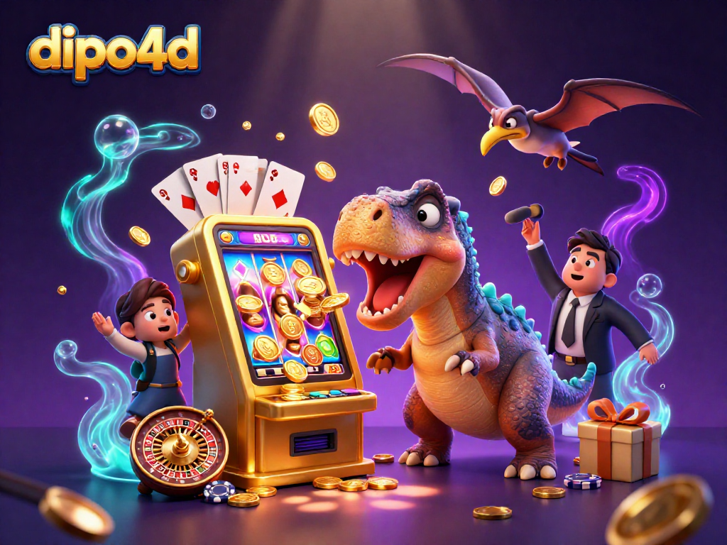 Dipo4d unleashes exciting jackpots as a pachycephalosaurus headbutts a slot machine amidst flying coins.