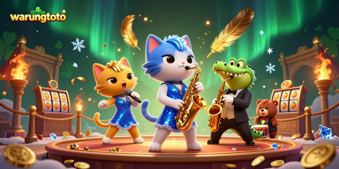 Gambar menarik warungtoto yang menampilkan kucing penyanyi jazz di panggung kasino, dengan simbol slot dan koin emas bertebaran.