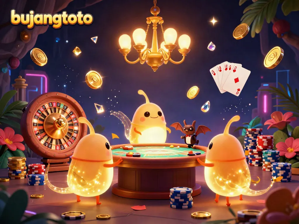 Experience the excitement of bujangtoto with glowing worms lighting a vibrant cave casino scene.