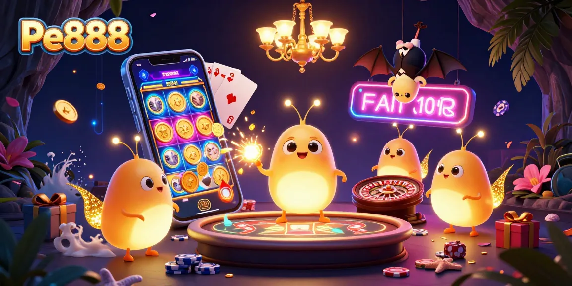Engage with Pe888's vibrant casino experience featuring glowworms illuminating games in a unique 3D scene.