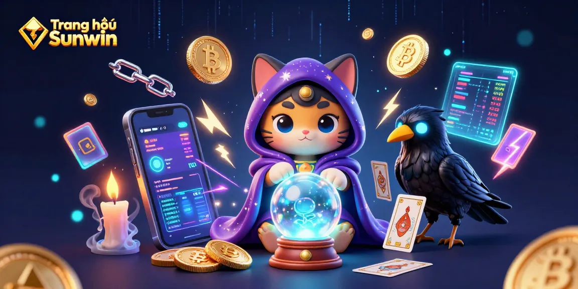 Engage in immersive gaming at Trang chủ Sunwin with a magical fortune teller cat and glowing crypto elements.