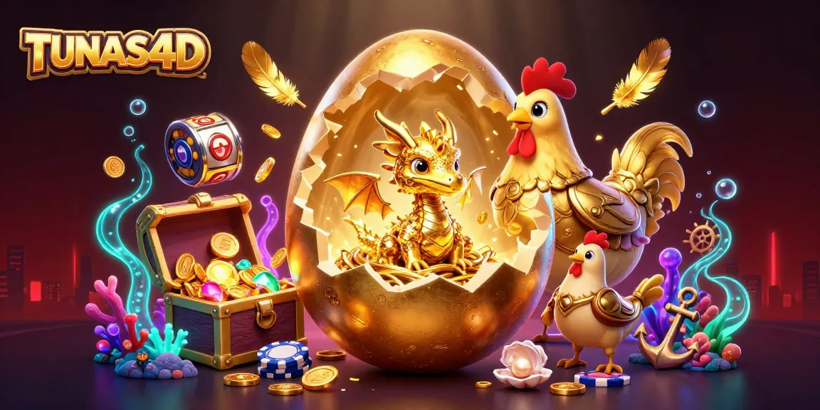 TUNAS4D presents a vibrant scene of a golden dragon and poker chips amidst glowing slot reels and treasure, evoking excitement and opportunity.