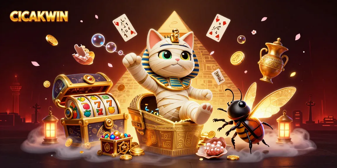 CICAKWIN's Egyptian mummy cat and scarab beetle ready for jackpot excitement in a dynamic casino scene.