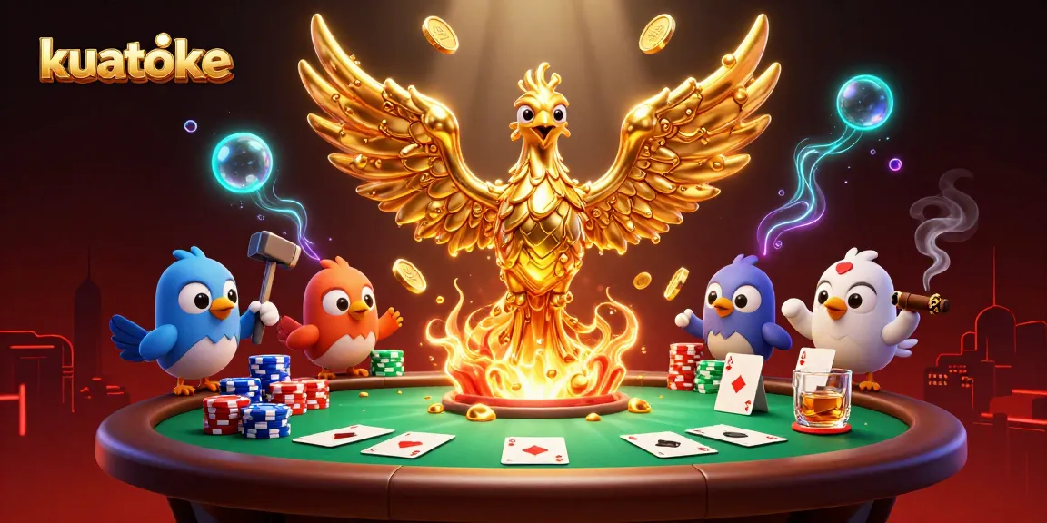 Kuatoke offers exciting gameplay against a 3D cartoon phoenix made of gold coins and poker elements, creating a casino atmosphere.