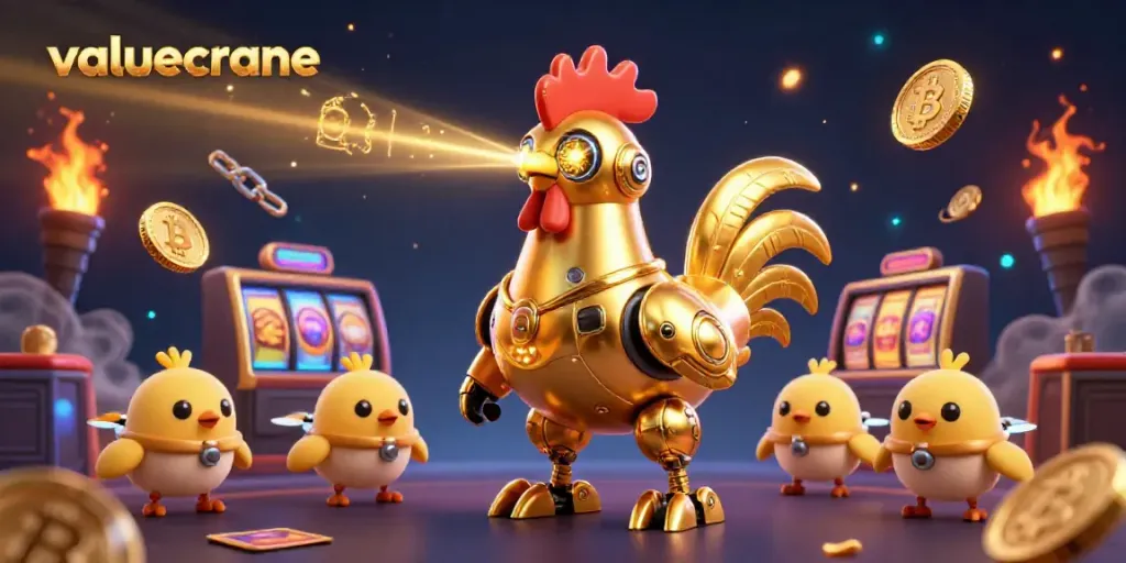 Raih kemenangan dengan valuecrane dalam ilustrasi kasino yang menampilkan robot ayam emas dan simbol permainan.