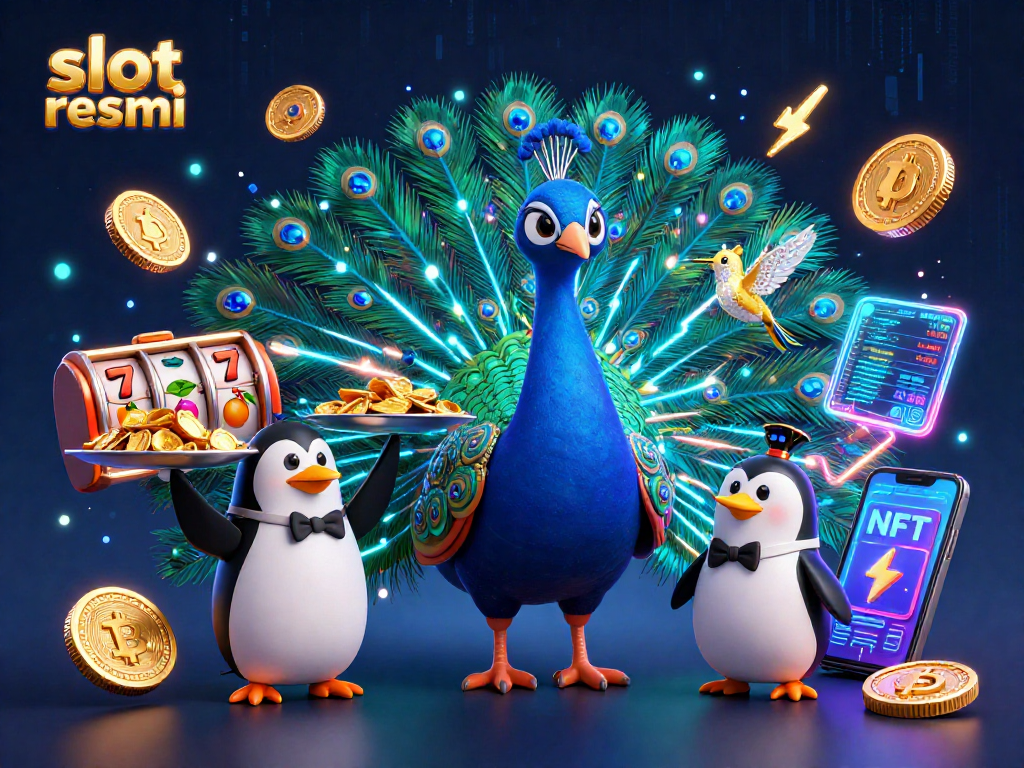 Menghadirkan slot resmi dengan kombinasi burung merak, penguin, dan burung kolibri tengah bermain judi berdekorasi chip emas dan koin crypto.