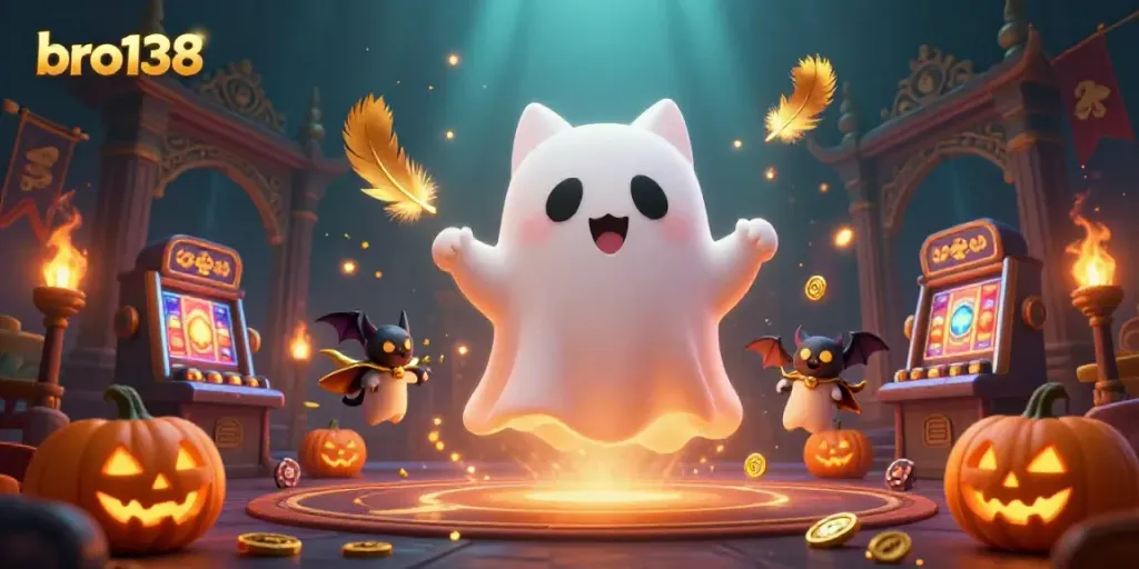 Engage with thrilling gameplay at bro138, featuring a ghost cat and vampire bat in a vibrant casino scene.