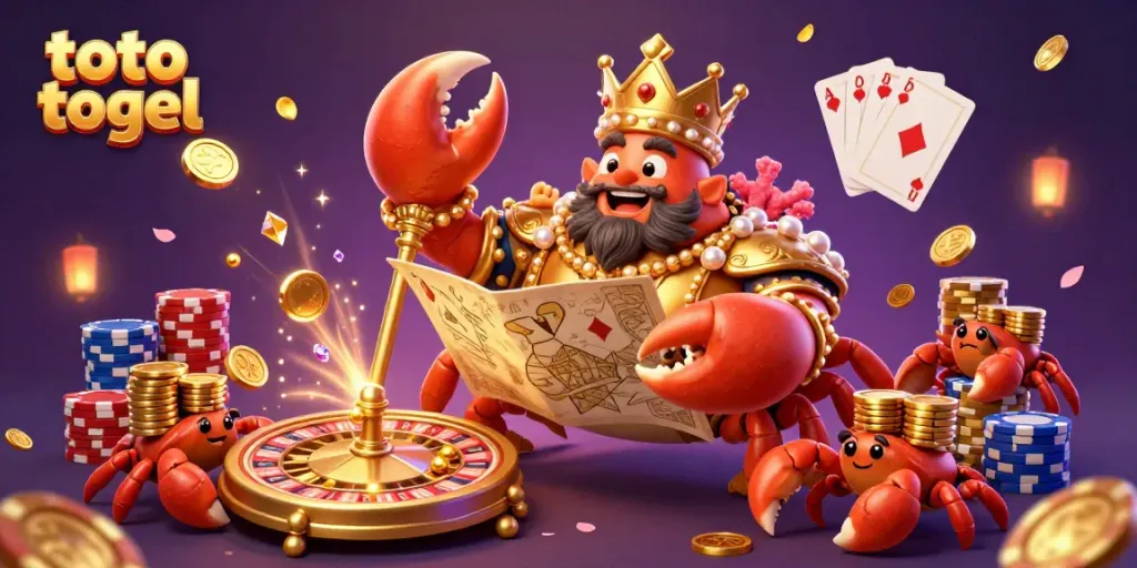 Experience the thrill of toto togel with a vibrant 3D scene featuring a golden crab emperor and dynamic game elements.