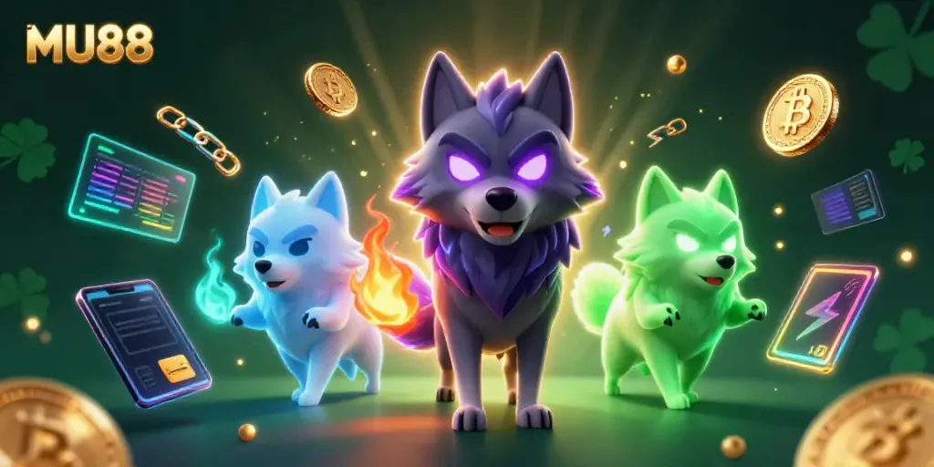 Experience thrilling MU88 gaming with illuminating 3D wolf characters, crypto elements, and vibrant colors.