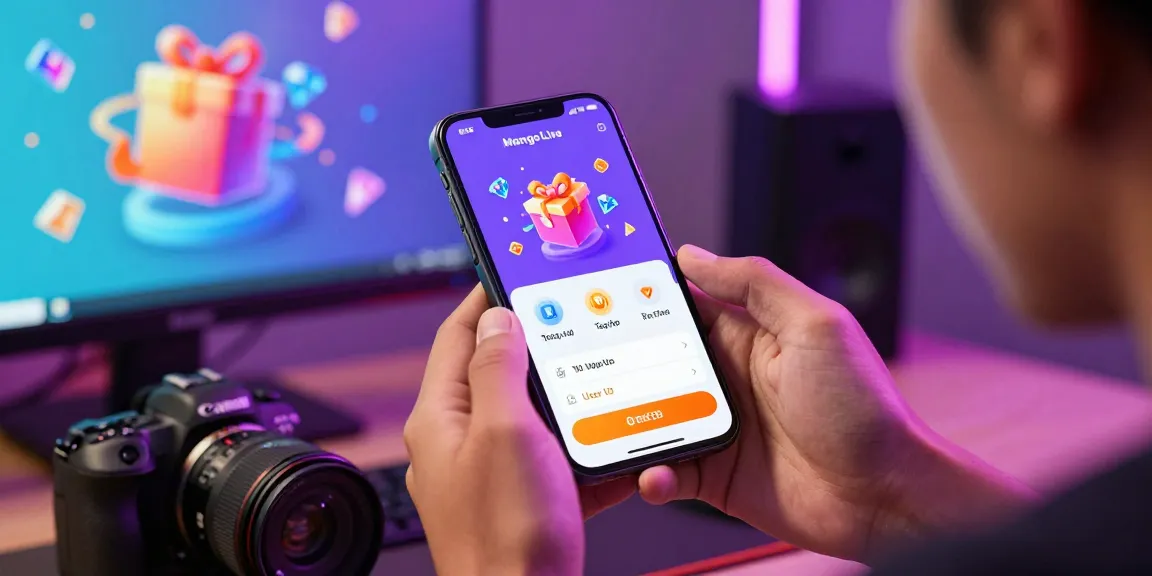 Mango live top up experience with a user engaged in gaming on smartphone, showcasing top-up features and vibrant atmosphere.