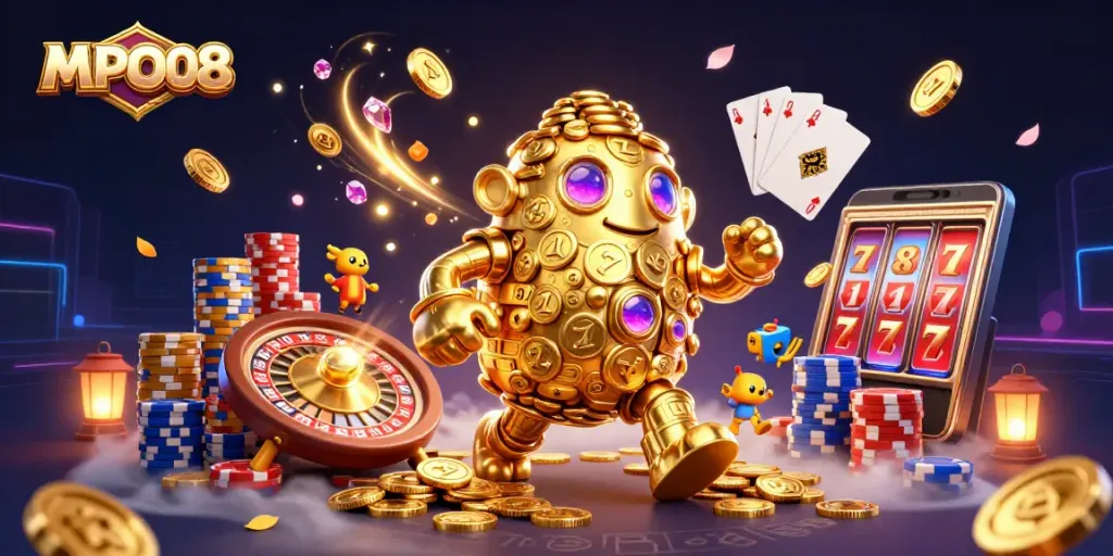 Experience thrilling online gaming with MPO08's golden golem guarding vibrant casino elements.