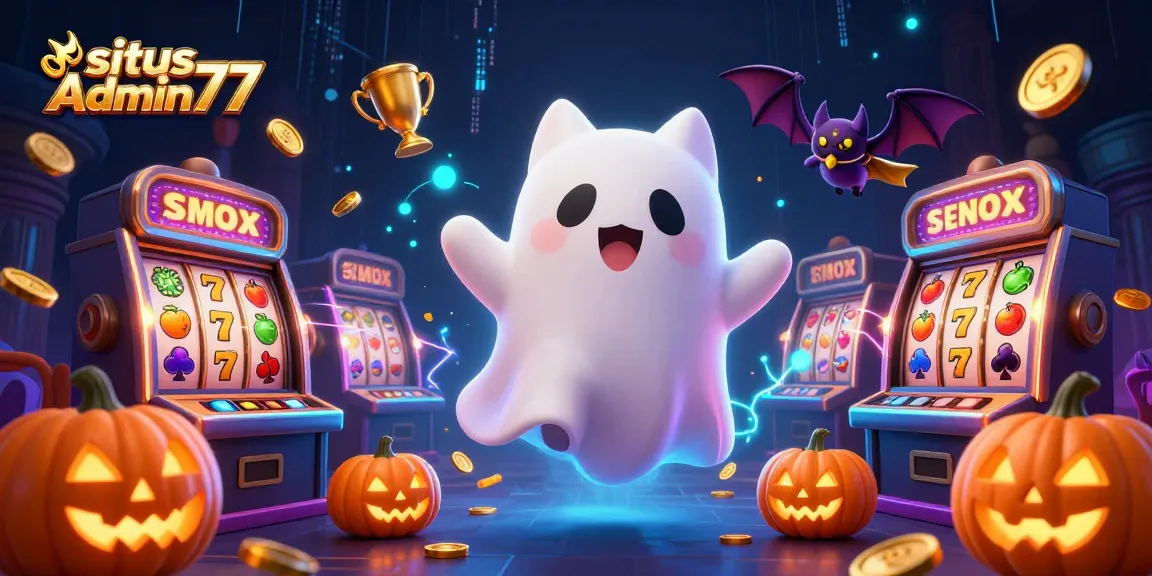 Win big with situs Admin77 in this dynamic haunted casino scene featuring a friendly ghost cat and spooky elements.