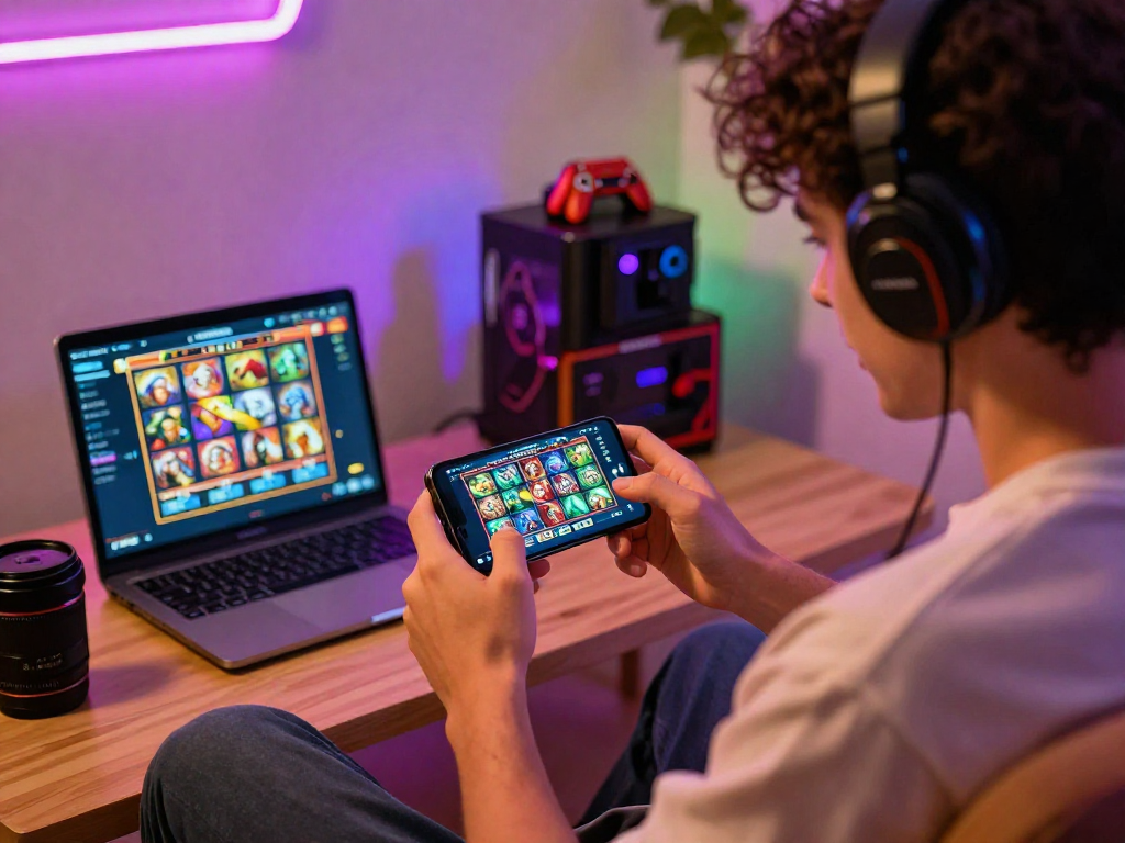 Person excitedly using GACORMAX app on smartphone in vibrant gaming room setting, showcasing dynamic slot games.