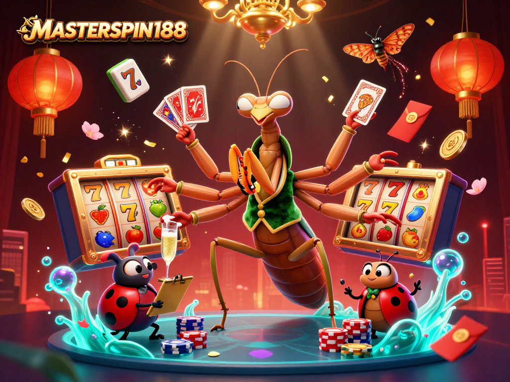 Experience exhilarating gameplay with MASTERSPIN188 in a vibrant casino-themed illustration featuring iconic slot reels.