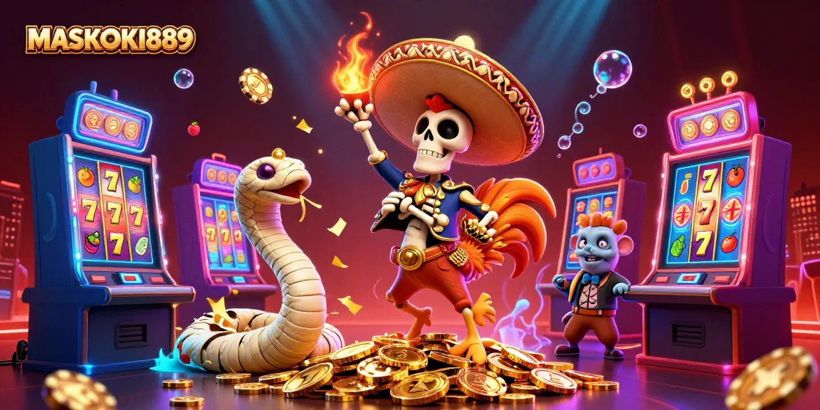 Spin the reels and win big with MASKOKI889, featuring a dynamic casino scene with vibrant characters.