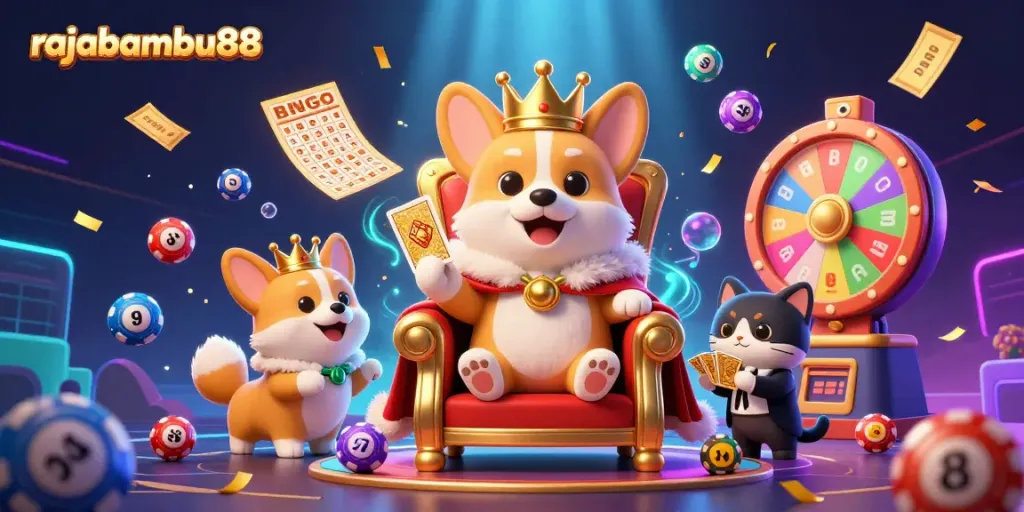 Permainan rajabambu88 dengan corgi kerajaan di kursi poker, dan tiket kemenangan melayang.