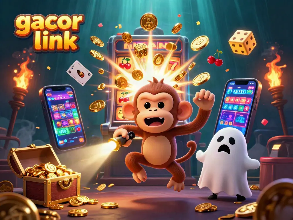 Engage with the gacor slot link as a mischievous monkey juggles golden coins amid a vibrant casino scene.