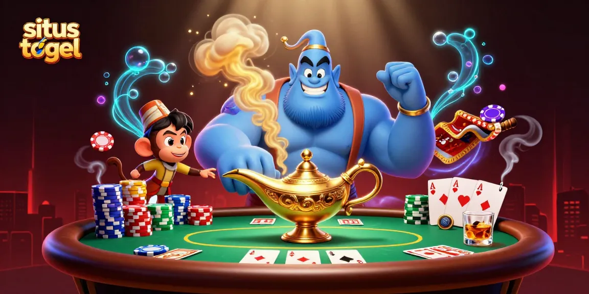 Mengguncang situs togel dengan genies dan chip poker di latar magis yang berkilau.
