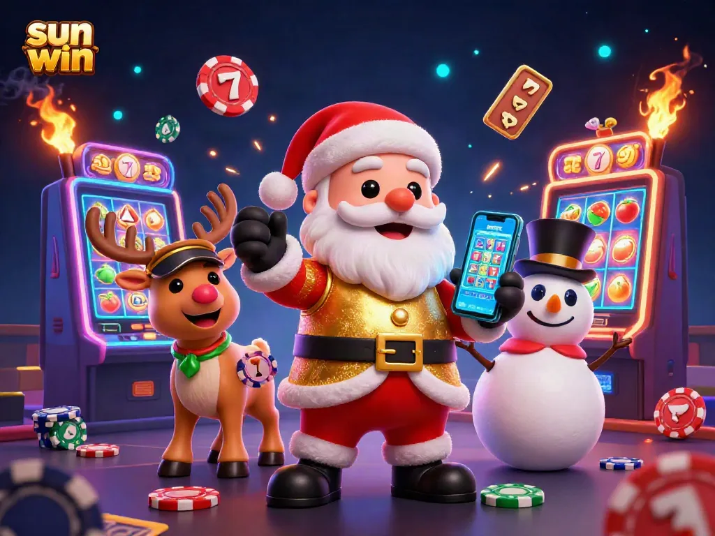 Experience fun and excitement with sun win in a vibrant casino-themed artwork featuring Santa and friends.