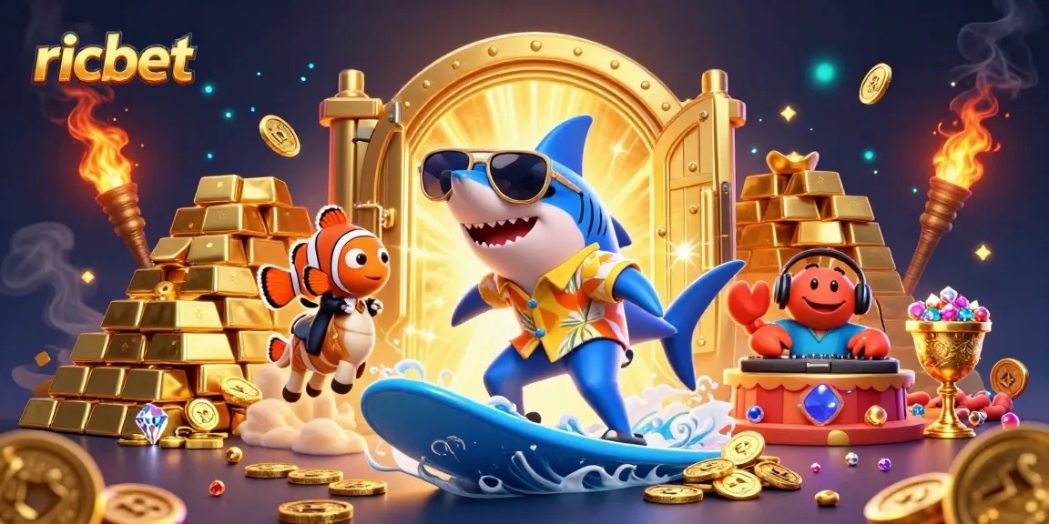 Surfing shark and clownfish embark on a golden treasure wave featuring ric bet casino elements.