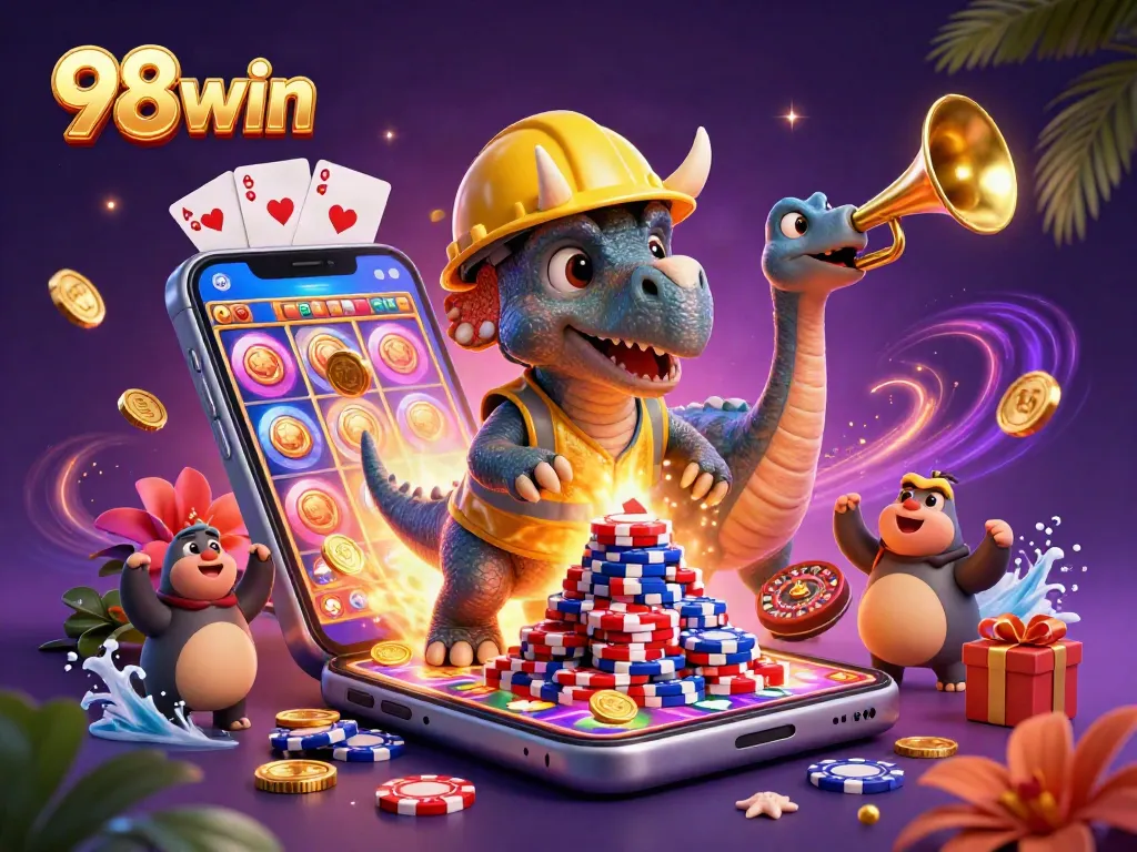 Engage with the vibrant 98win gaming scene featuring a triceratops and exciting casino elements.