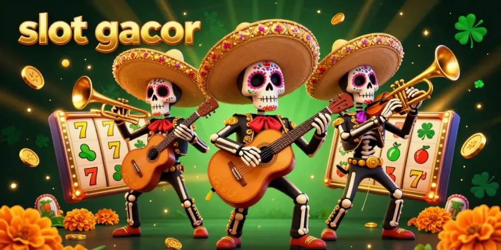 Experience the excitement of slot gacor with lively skeleton mariachi players and vibrant slot elements in action.