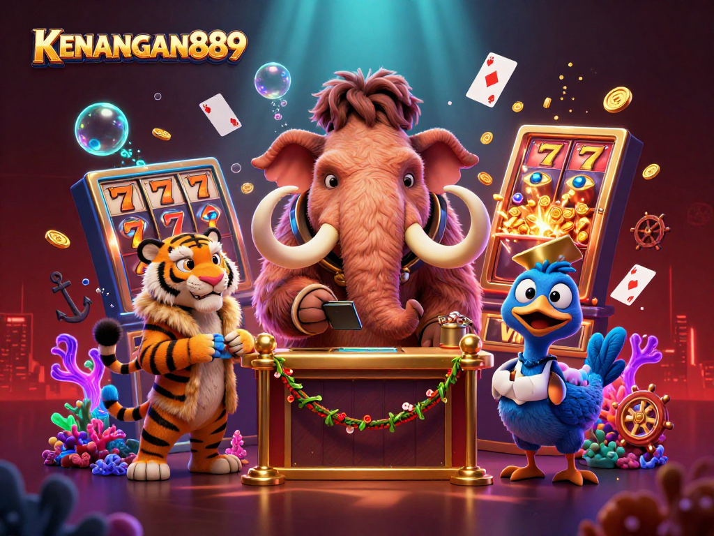 Experience KENANGAN889 with a 3D illustration of unique casino characters and slot games.