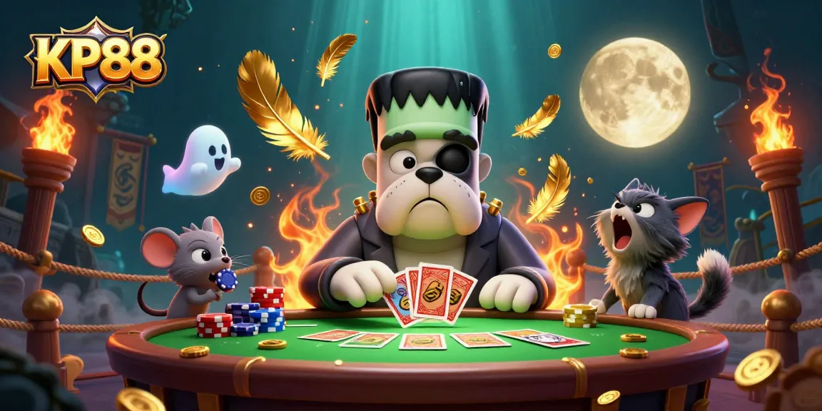 KP88 delivers epic gaming actions in this vivid casino scene featuring a playful bulldog and ghost mouse.