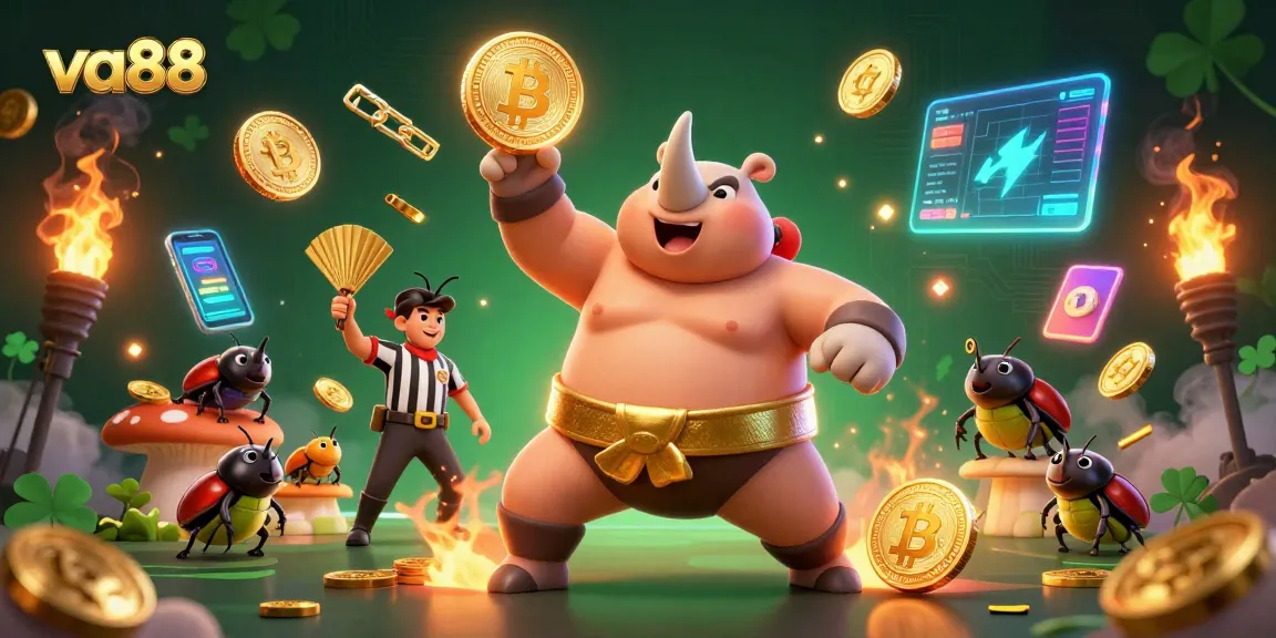 Experience the excitement of va88 as a beetle champion stomps gold coins in a lively casino atmosphere.