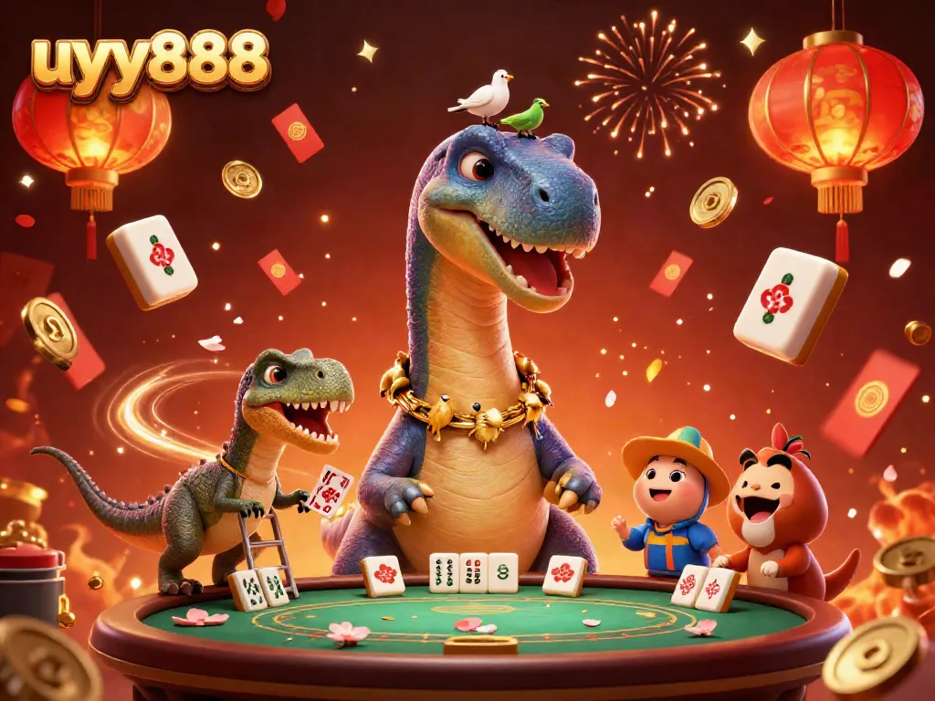 Experience winning moments at uyy888 with an imaginative casino scene featuring a playful brontosaurus and clever raptor.