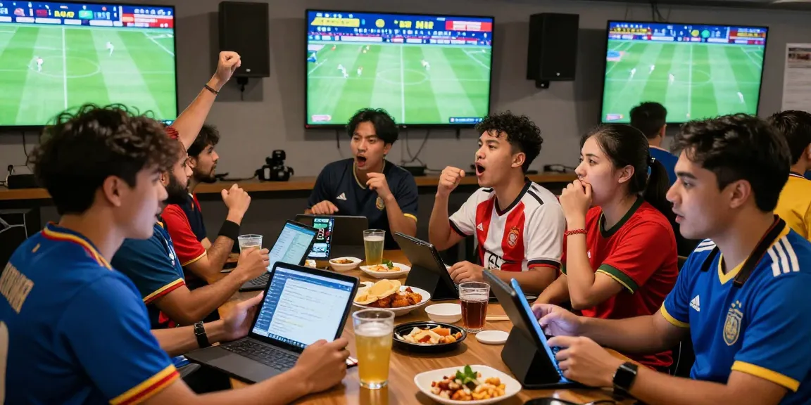 Engaged sports fans analyzing kèo nhà cái during a live football match at a vibrant viewing party.