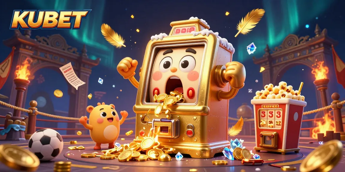 KUBET menghadirkan mesin slot emas 3D merayakan jackpot dengan koin berjatuhan, dikelilingi elemen taruhan olahraga