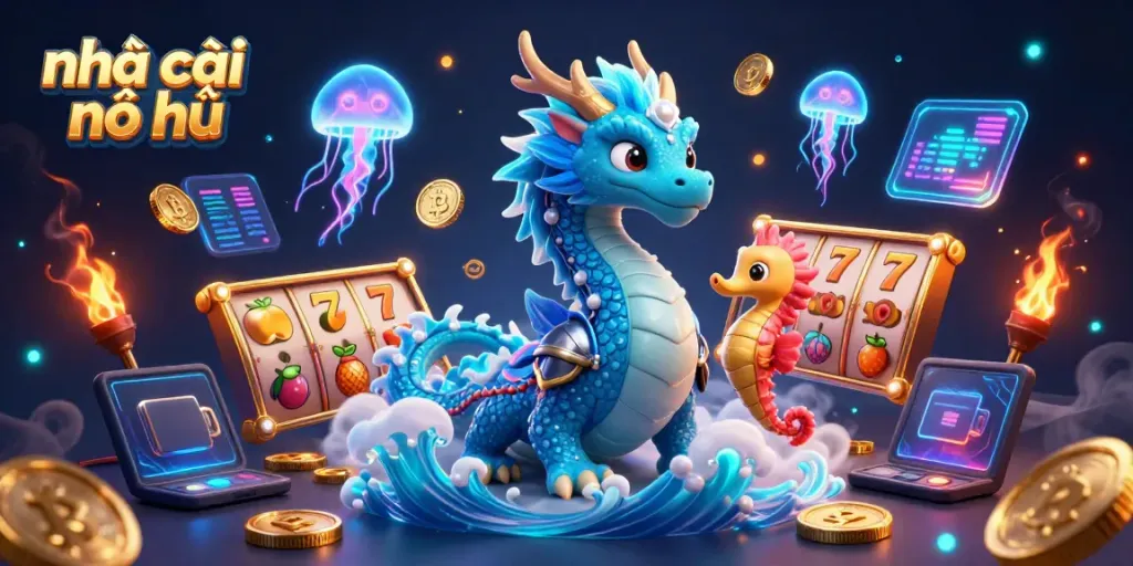 Engage with exciting slots at nhà cái nổ hũ, featuring neon dragon and vibrant underwater adventure.