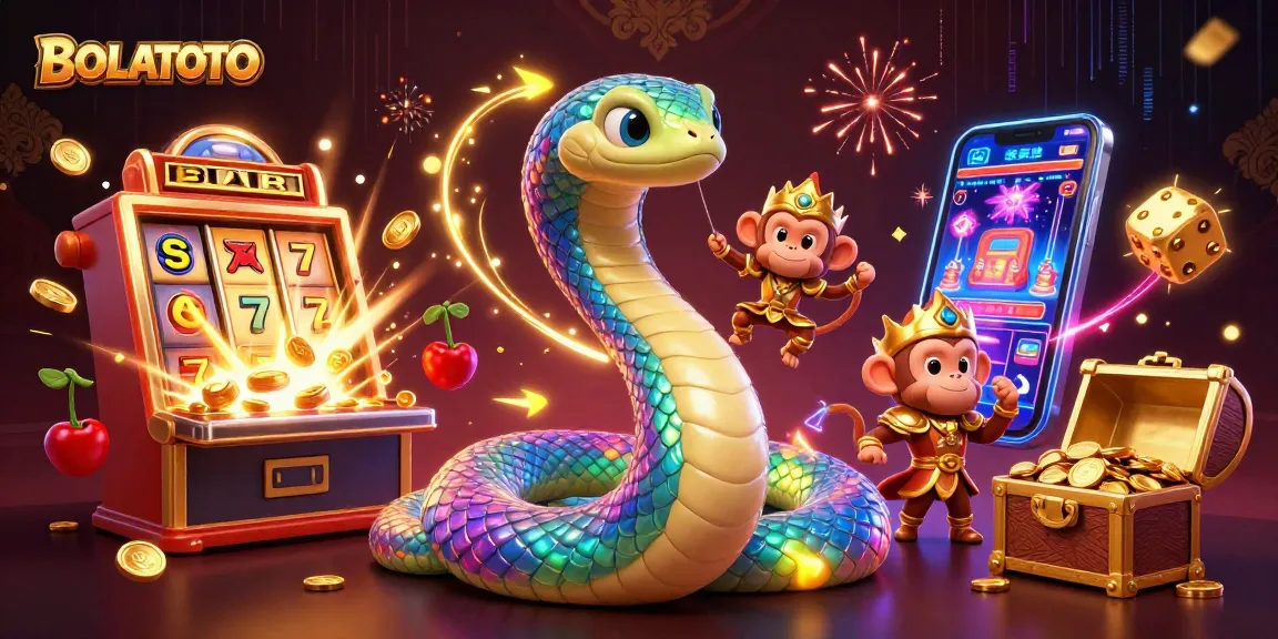 BOLATOTO menampilkan ilustrasi kasino penuh warna dengan ular pelangi dan mesin slot yang meriah