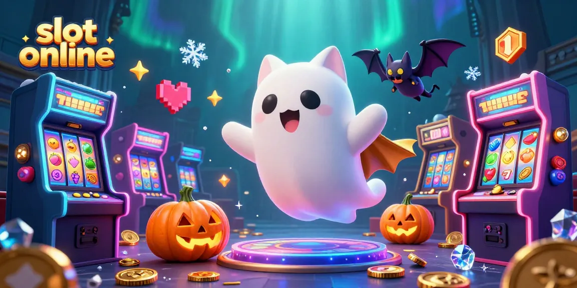 Mainkan slot online dengan karakter kucing hantu lucu di kasino berhantu, dikelilingi koin emas dan efek bercahaya.