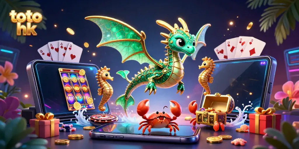 Menangkan togel hk dengan tampilan ilustrasi 3D menakjubkan, penuh elemen slot, koin emas, dan karakter meriah.