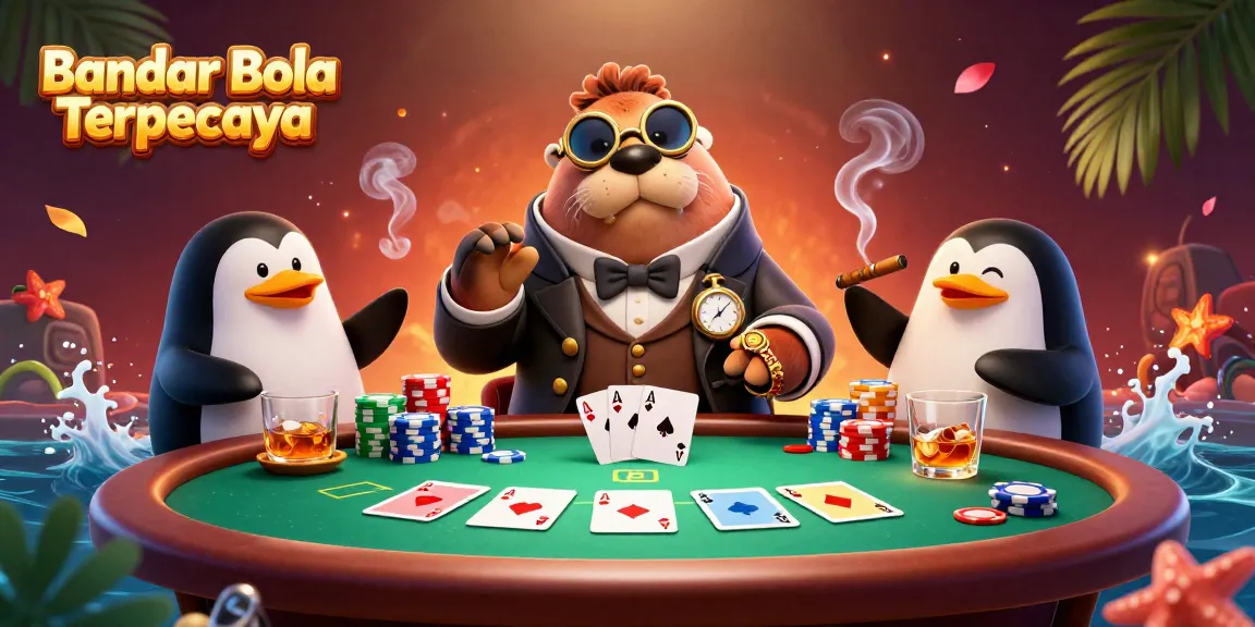 Engage in vibrant action with Bandar Bola Terpercaya at an underwater poker table featuring dynamic characters.