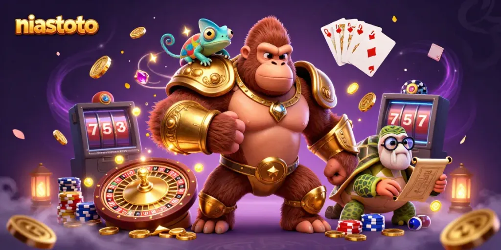 Gorila raja ceria dan teman chameleon menjelajahi kasino sambil memainkan slot niastoto.