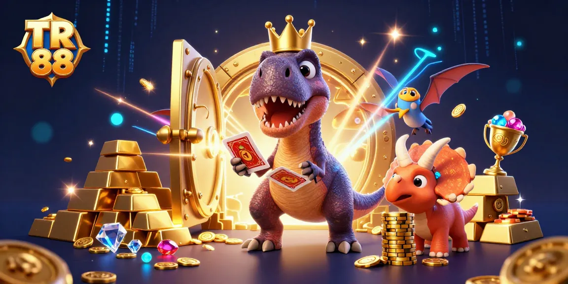 Experience the excitement of TR 88 with friendly dinosaurs enjoying casino games and golden treasures.