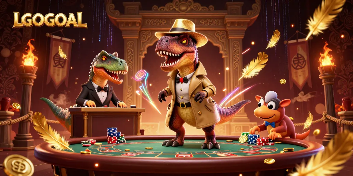 Experience thrilling gameplay at LGOGOAL with a velociraptor card counter in a vibrant casino scene.